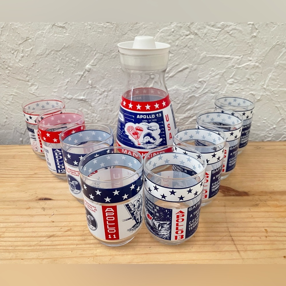 8 Vintage Collectable NASA whiskey glasses & pitcher